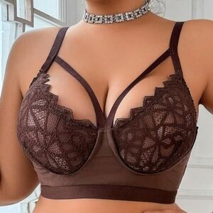SOLY HUX Plus Size Brown Lace Wireless Bra Bralette, Sz 2XL